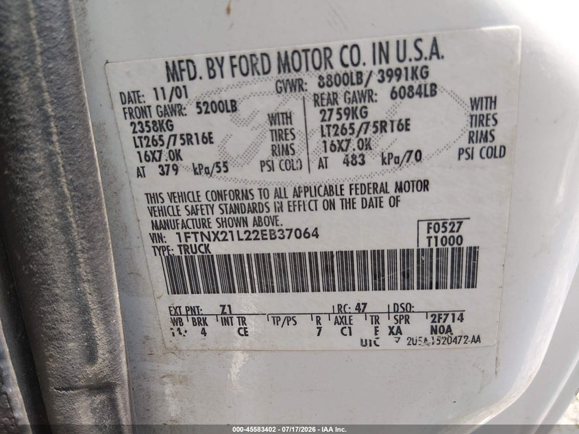 2002 Ford F-250 Lariat/Xl/Xlt VIN: 1FTNX21L22EB37064 Lot: 45583402