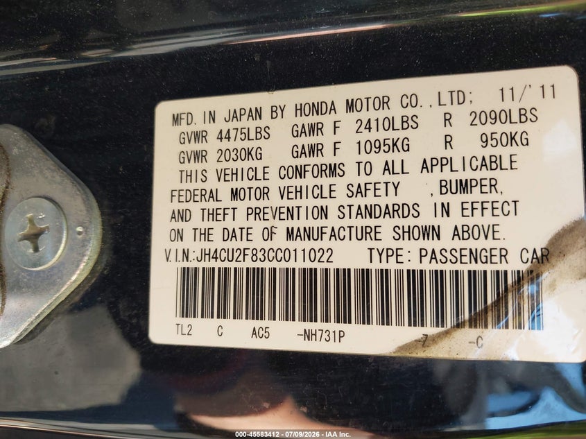 2012 Acura Tsx 2.4 VIN: JH4CU2F83CC011022 Lot: 45583412