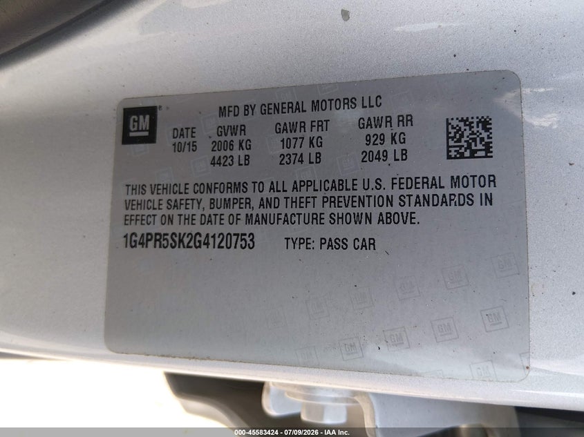 2016 BUICK VERANO SEDAN 2.4L I-4 DI, DOHC, VVT, 180HP