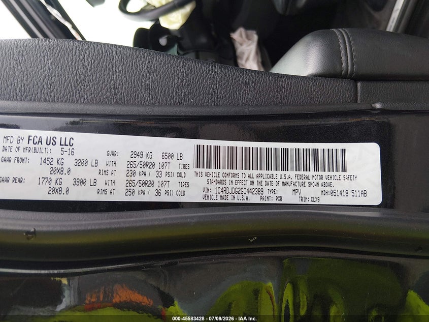 2016 Dodge Durango Limited VIN: 1C4RDJDG2GC442389 Lot: 45583428