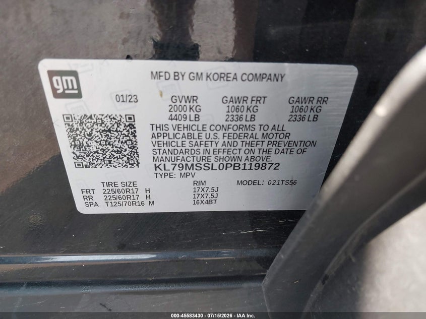 2023 Chevrolet Trailblazer Awd Activ VIN: KL79MSSL0PB119872 Lot: 45583430