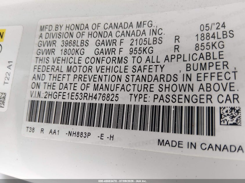 HONDA CIVIC SI 2024 VIN 2HGFE1E53RH476825