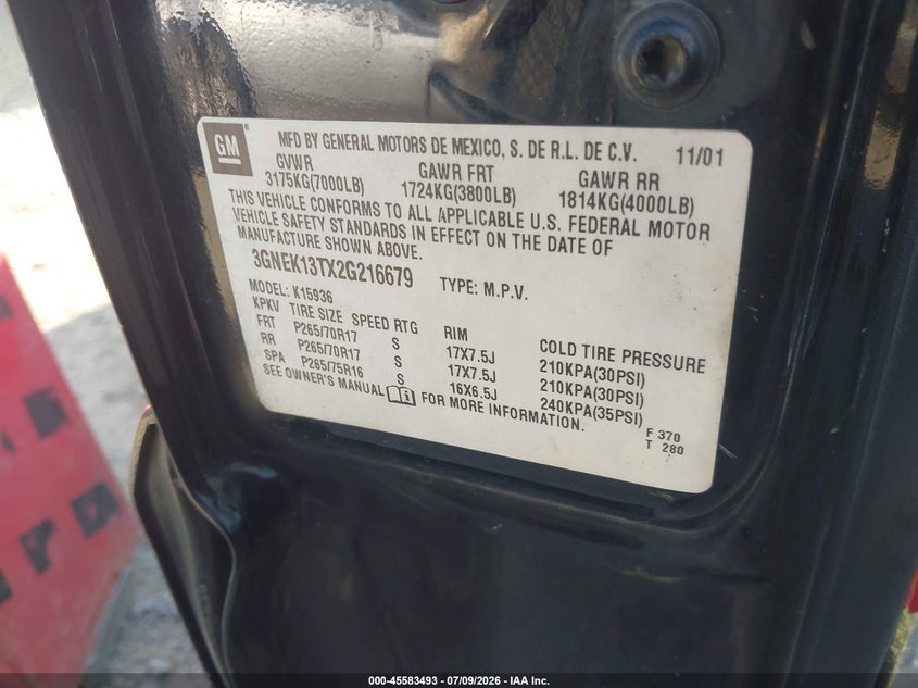 2002 Chevrolet Avalanche 1500 VIN: 3GNEK13TX2G216679 Lot: 45583493
