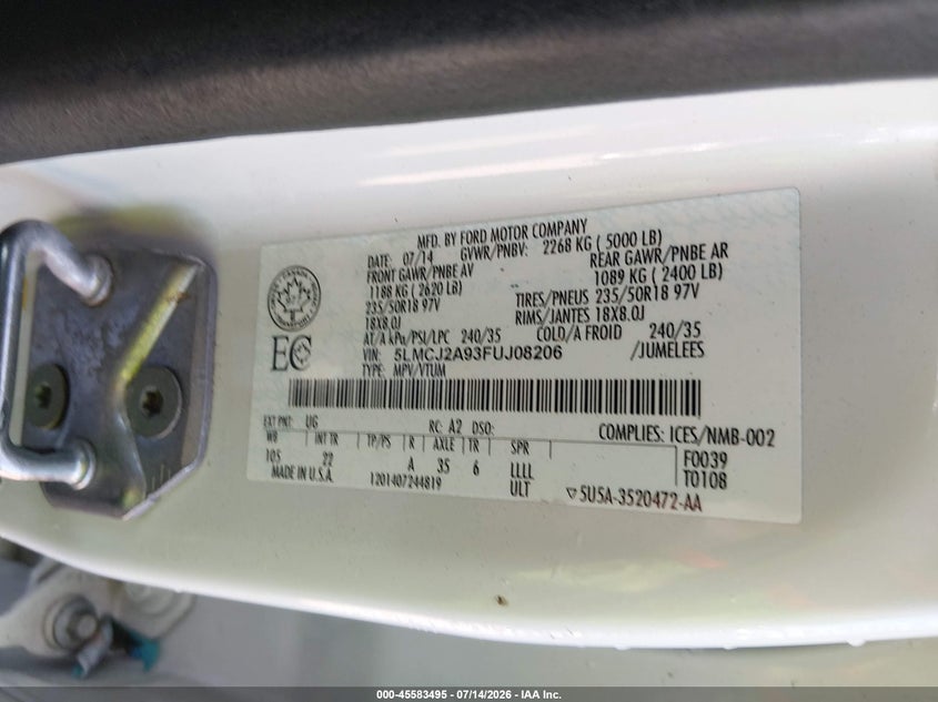 2015 Lincoln Mkc VIN: 5LMCJ2A93FUJ08206 Lot: 45583495