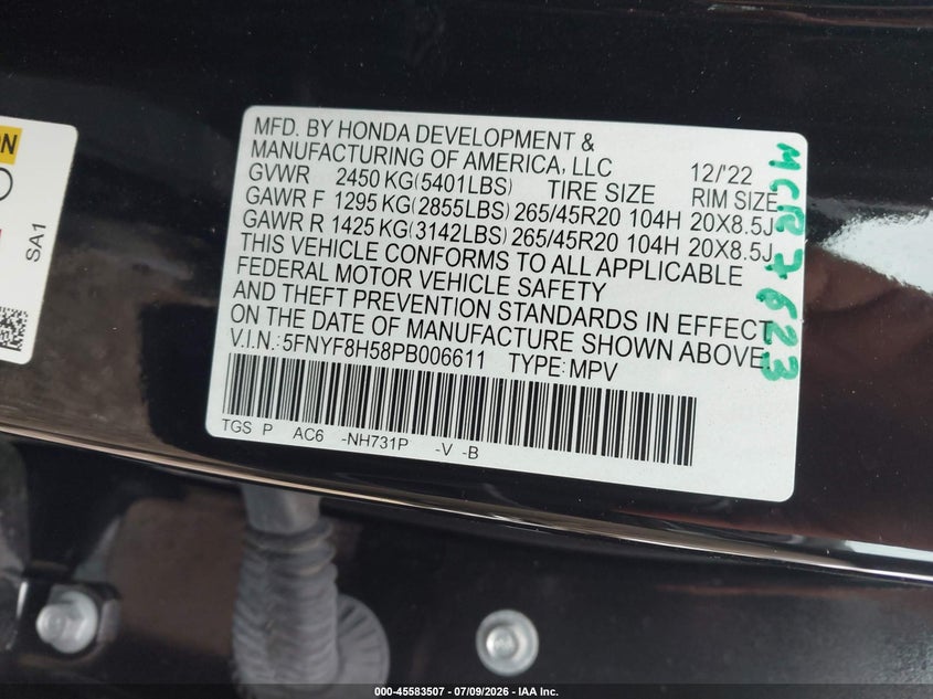 2023 Honda Passport Awd Ex-L VIN: 5FNYF8H58PB006611 Lot: 45583507