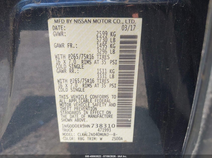 NISSAN FRONTIER 2017 VIN 1N6DD0ER9HN738310
