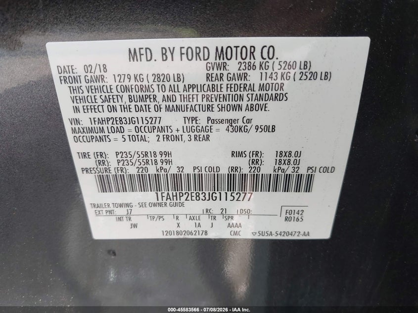 2018 Ford Taurus Sel VIN: 1FAHP2E83JG115277 Lot: 45583566