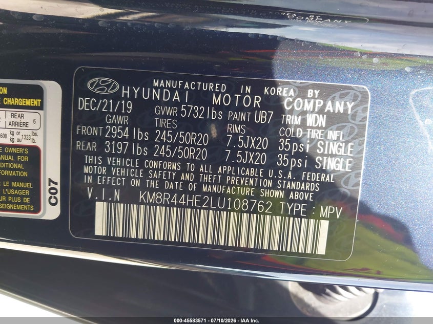2020 Hyundai Palisade Sel VIN: KM8R44HE2LU108762 Lot: 45583571