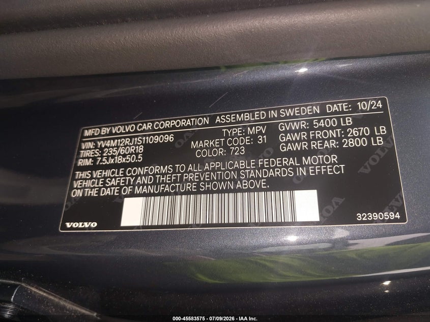 2025 Volvo Xc60 B5 Core VIN: YV4M12RJ1S1109096 Lot: 45583575