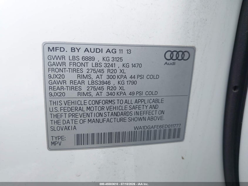 2014 Audi Q7 3.0T S Line Prestige VIN: WA1DGAFE6ED011777 Lot: 45583610