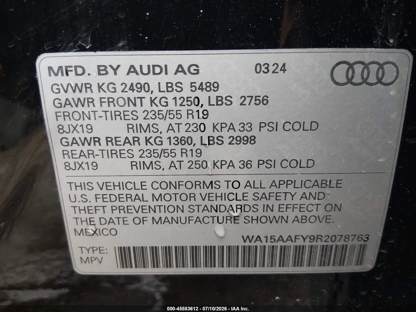 2024 Audi Q5 Sportback Premium Plus 45 Tfsi S Line Quattro S Tronic VIN: WA15AAFY9R2078763 Lot: 45583612
