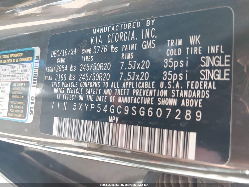 2025 Kia Telluride Sx VIN: 5XYP54GC9SG607289 Lot: 45583634