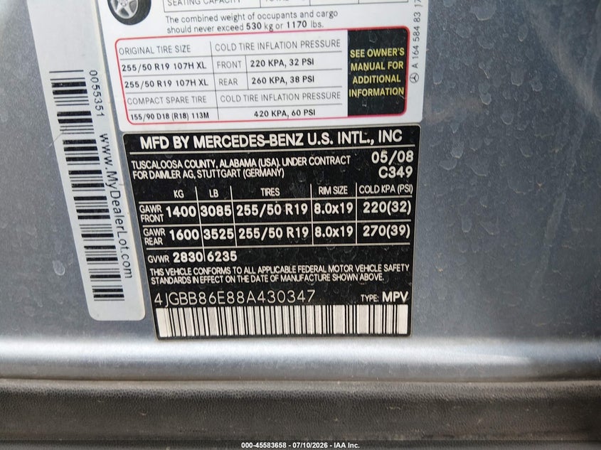 2008 Mercedes-Benz M-Class 3.5L VIN: 4JGBB86E88A430347 Lot: 45583658
