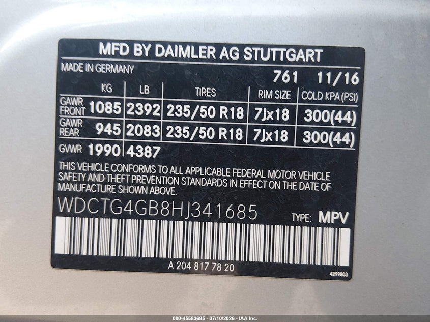 2017 Mercedes-Benz Gla 250 4Matic VIN: WDCTG4GB8HJ341685 Lot: 45583685