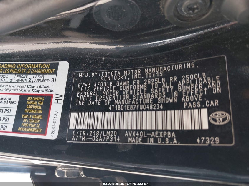 TOYOTA AVALON HYBRID 2015 VIN 4T1BD1EB7FU048234