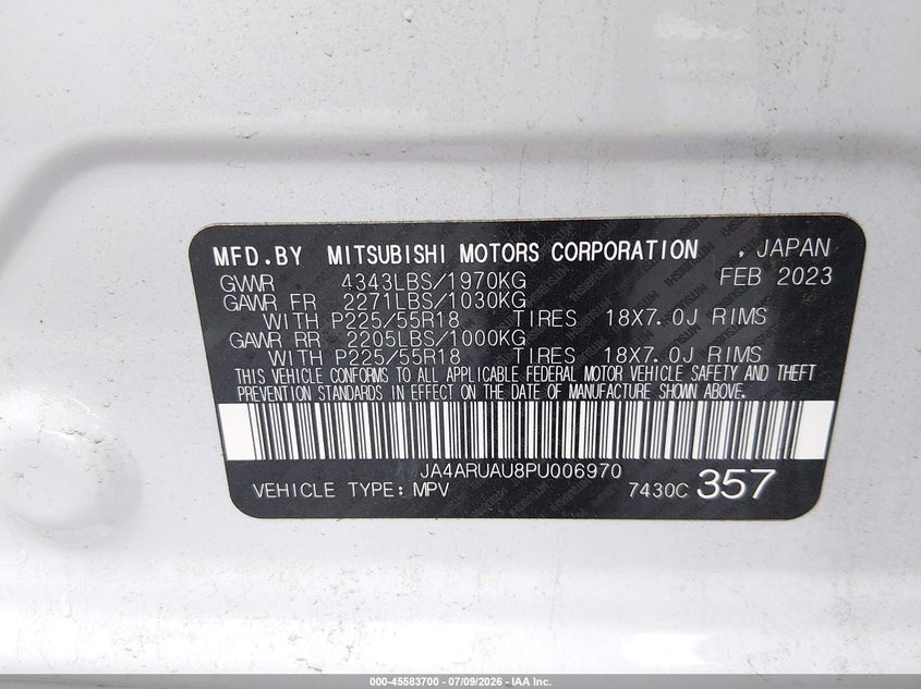 MITSUBISHI OUTLANDER SPORT 2023 VIN JA4ARUAU8PU006970