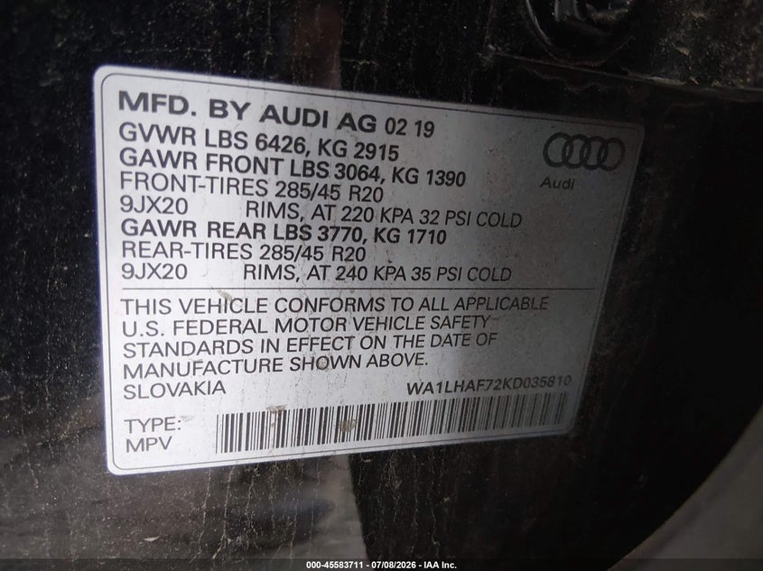 2019 Audi Q7 45 Premium VIN: WA1LHAF72KD035810 Lot: 45583711