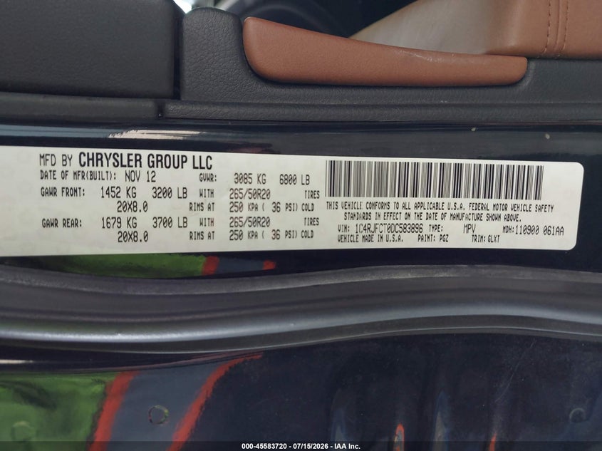 2013 Jeep Grand Cherokee Overland VIN: 1C4RJFCT0DC583896 Lot: 45583720