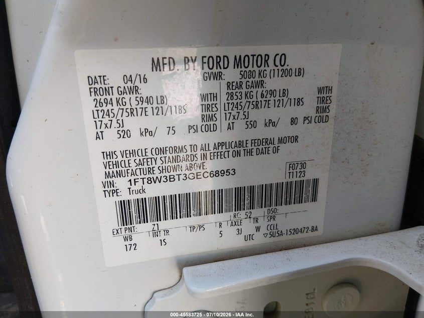 2016 Ford F-350 Xl VIN: 1FT8W3BT3GEC68953 Lot: 45583725