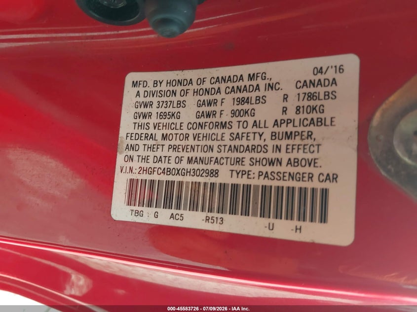 2016 HONDA CIVIC COUPE 2.0L I-4 DOHC, VVT, 158HP
