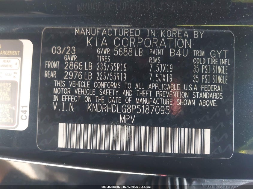 2023 Kia Sorento Hybrid Ex VIN: KNDRHDLG8P5187095 Lot: 45583807