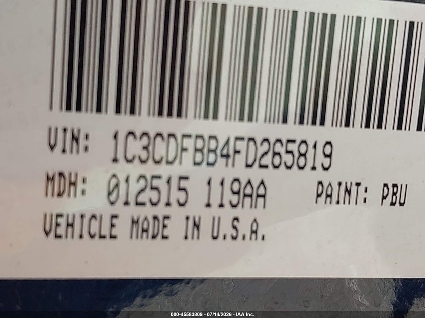 2015 Dodge Dart Sxt VIN: 1C3CDFBB4FD265819 Lot: 45583809