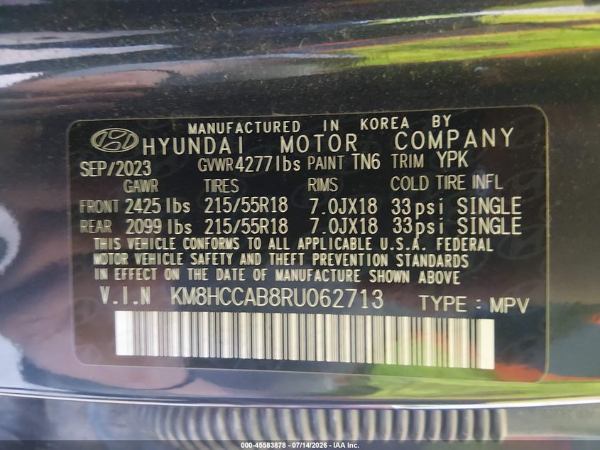 2024 Hyundai Kona Sel VIN: KM8HCCAB8RU062713 Lot: 45583878