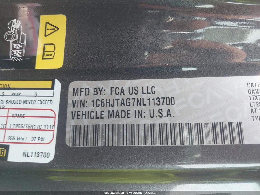 2022 Jeep Gladiator Willys 4X4 VIN: 1C6HJTAG7NL113700 Lot: 45583893