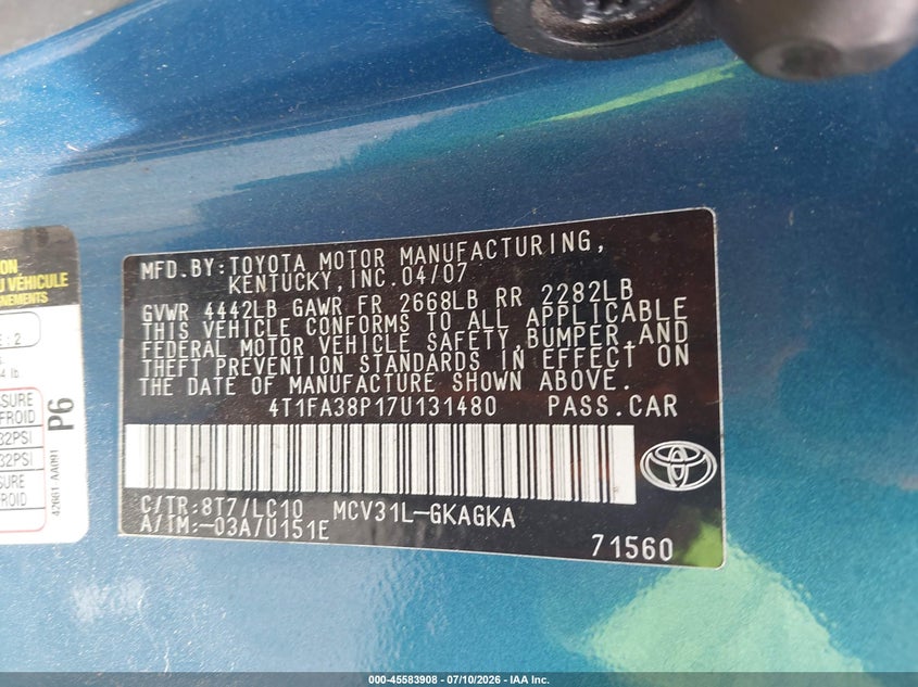 2007 Toyota Camry Solara Sle VIN: 4T1FA38P17U131480 Lot: 45583908