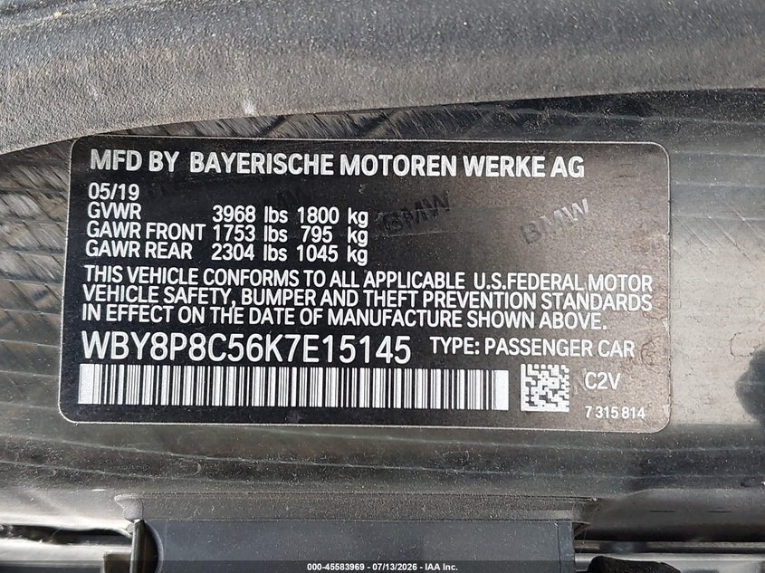 2019 BMW I3S 120Ah W/Range Extender VIN: WBY8P8C56K7E15145 Lot: 45583969