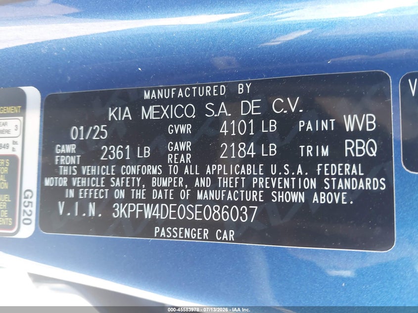 2025 Kia K4 Gt-Line VIN: 3KPFW4DE0SE086037 Lot: 45583978