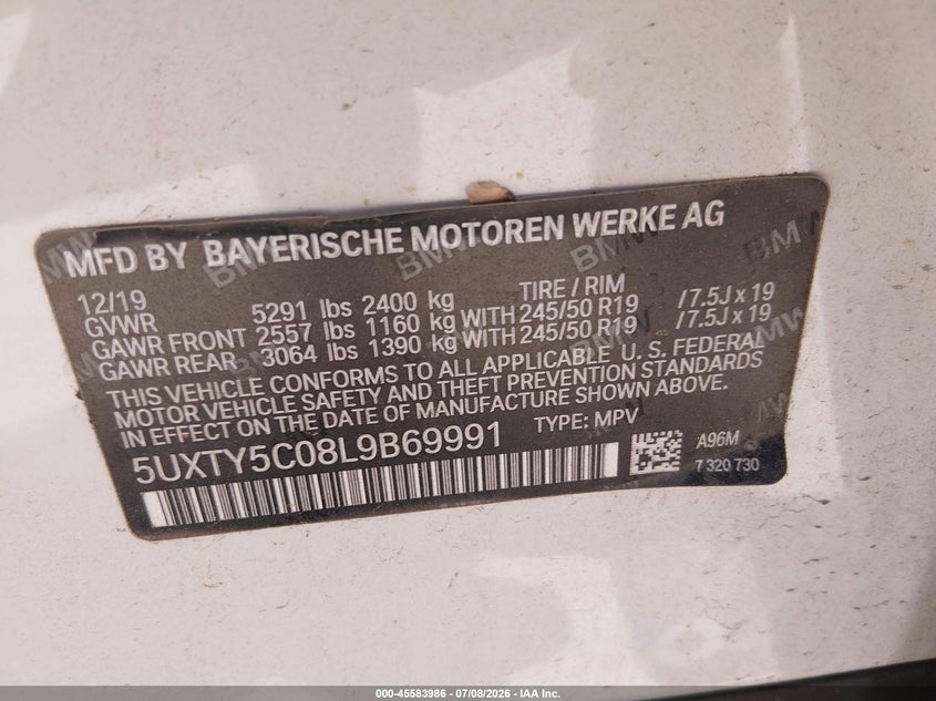 2020 BMW X3 xDrive30I VIN: 5UXTY5C08L9B69991 Lot: 45583986