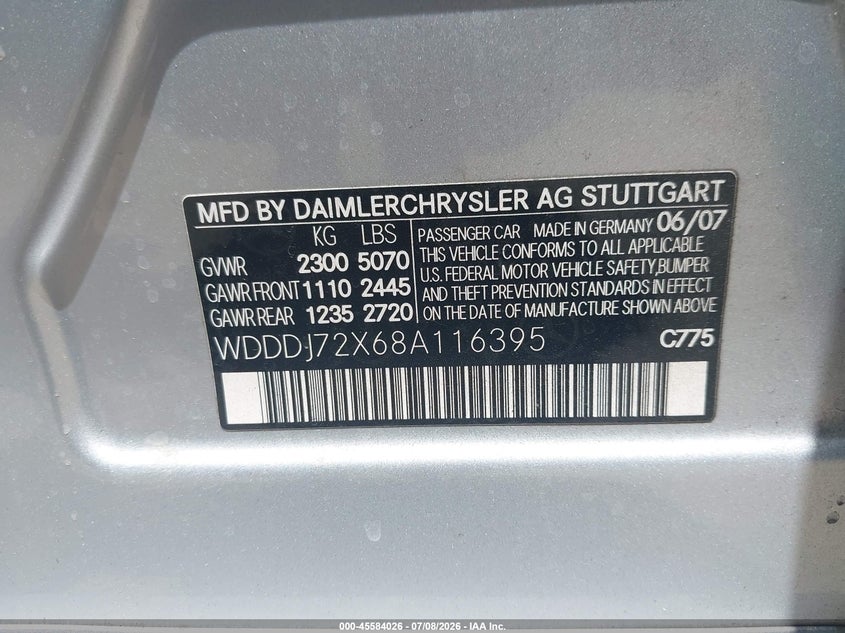 2008 Mercedes-Benz Cls 550 VIN: WDDDJ72X68A116395 Lot: 45584026
