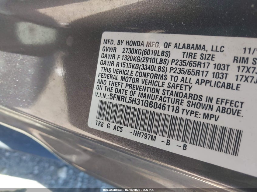 2016 Honda Odyssey Se VIN: 5FNRL5H31GB046118 Lot: 45584048