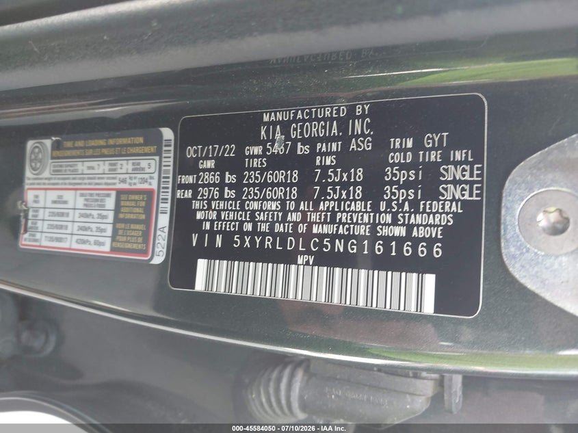 2022 Kia Sorento X-Line S VIN: 5XYRLDLC5NG161666 Lot: 45584050