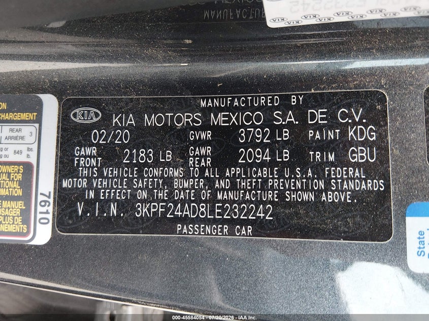 2020 Kia Forte Lxs VIN: 3KPF24AD8LE232242 Lot: 45584054