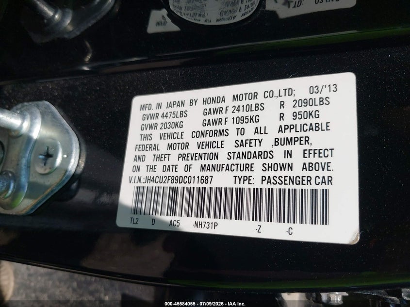 2013 Acura Tsx 2.4 VIN: JH4CU2F89DC011687 Lot: 45584055