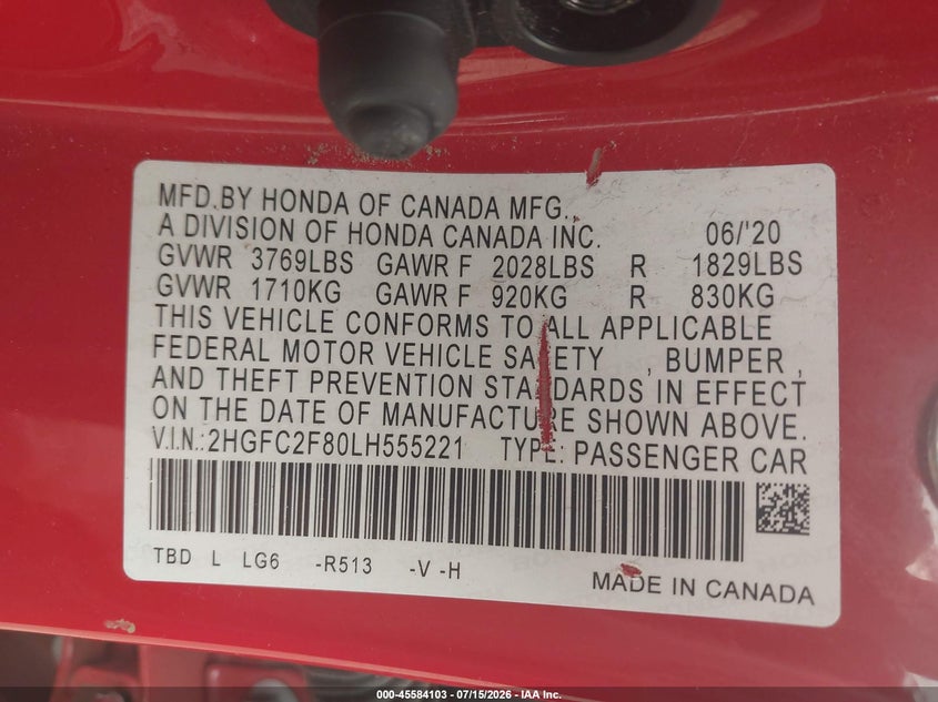 2020 HONDA CIVIC auction photo 8