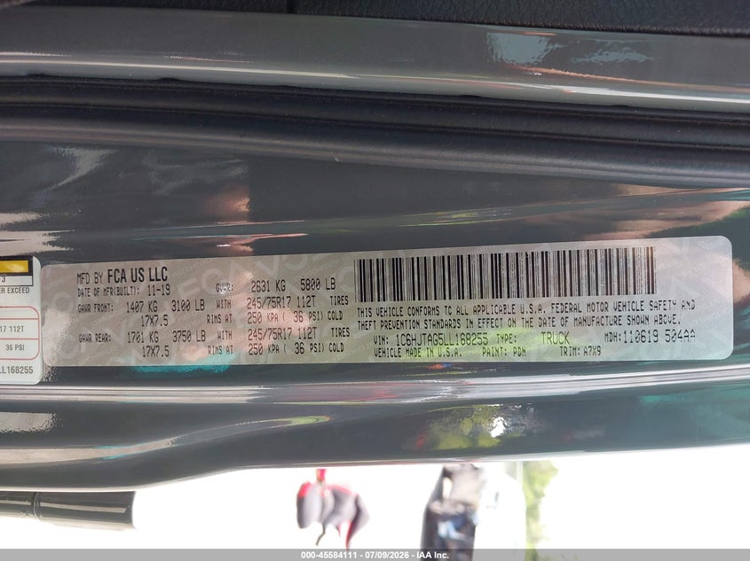 2020 Jeep Gladiator Sport S 4X4 VIN: 1C6HJTAG5LL168255 Lot: 45584111