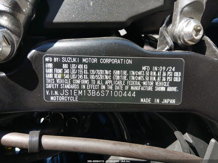 2025 Suzuki Gsx800 F VIN: JS1EM13B6S7100444 Lot: 45584113