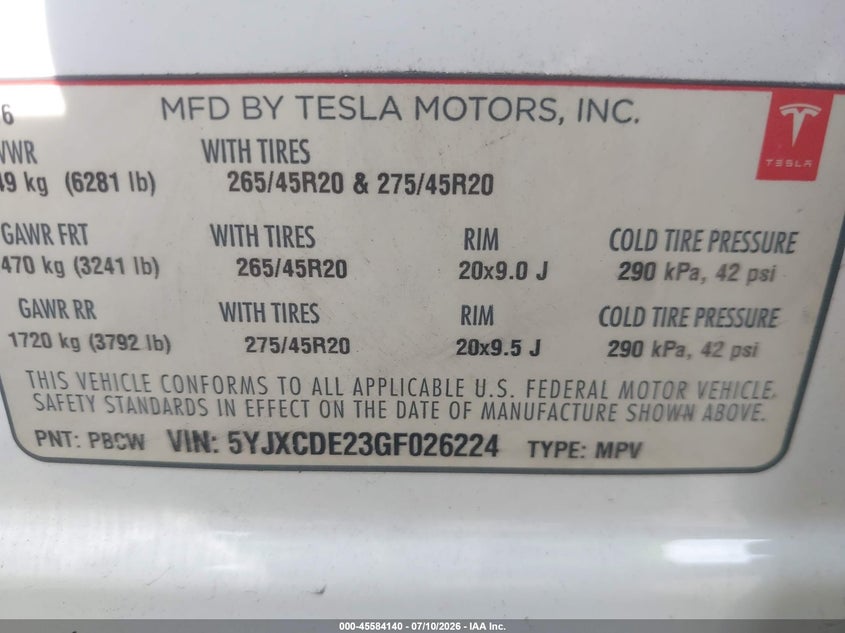 2016 Tesla Model X 60D/70D/75D/90D VIN: 5YJXCDE23GF026224 Lot: 45584140