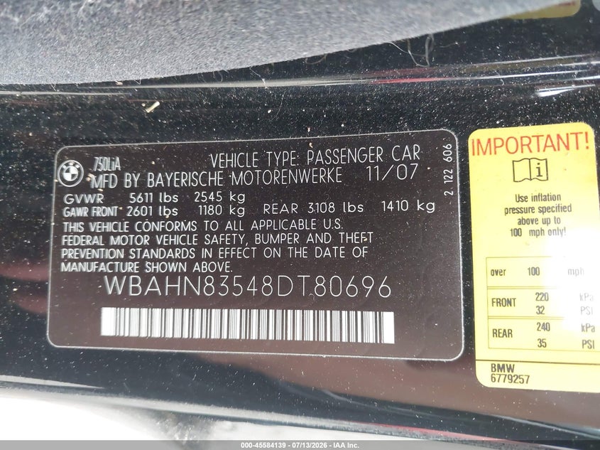2008 BMW 750Li VIN: WBAHN83548DT80696 Lot: 45584139
