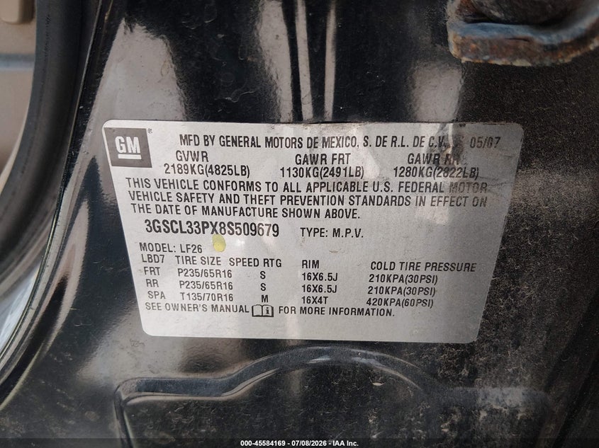 2008 Saturn Vue 4-Cyl Xe VIN: 3GSCL33PX8S509679 Lot: 45584169