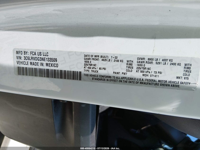 2022 Ram Promaster 2500 High Roof 159 Wb VIN: 3C6LRVDG3NE133509 Lot: 45584215