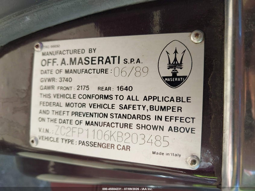 1989 Chrysler Tc By Maserati VIN: ZC2FP1106KB203485 Lot: 45584231
