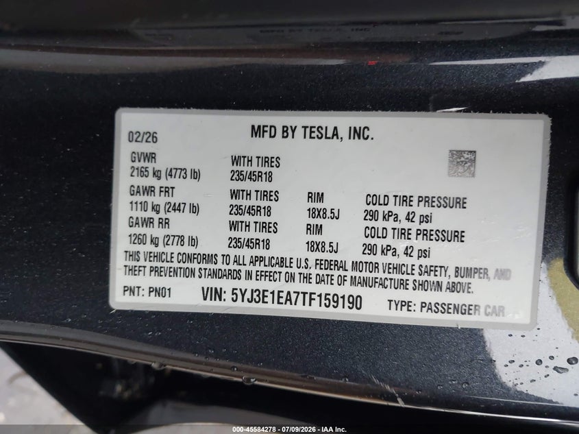 2026 TESLA MODEL 3 SEDAN ELECTRIC
