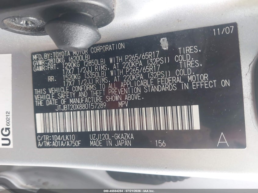 2008 Lexus Gx 470 VIN: JTJBT20X880157289 Lot: 45584284