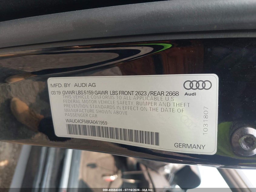 2019 Audi S5 3.0T Premium VIN: WAUC4CF58KA041959 Lot: 45584335