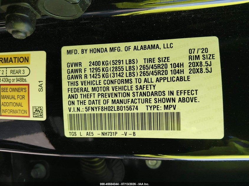 2020 Honda Passport Awd Elite VIN: 5FNYF8H02LB015674 Lot: 45584344