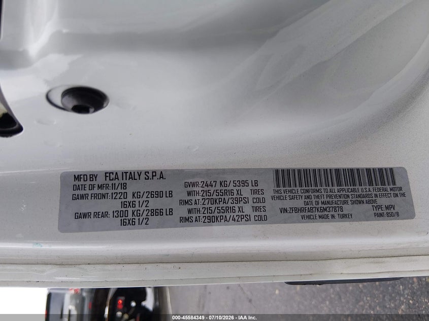 2019 Ram Promaster City Tradesman VIN: ZFBHRFAB7K6M37878 Lot: 45584349